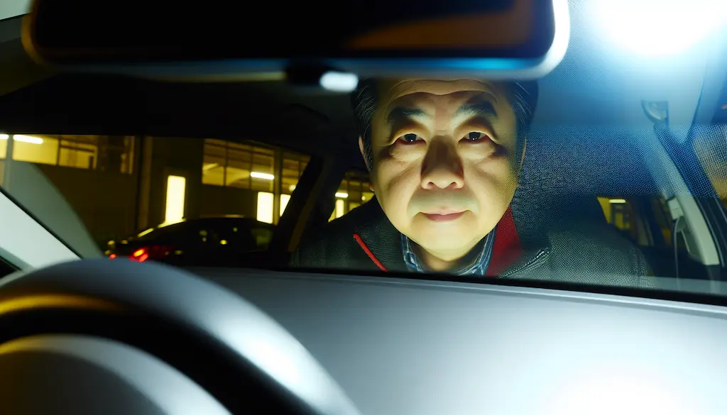 夜、車の中から見える車内を覗いてくる日本人の４０代くらいの男