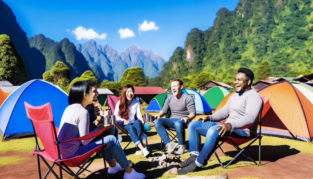 高山のキャンプ地でアウトドアチェアに座り談笑する人々